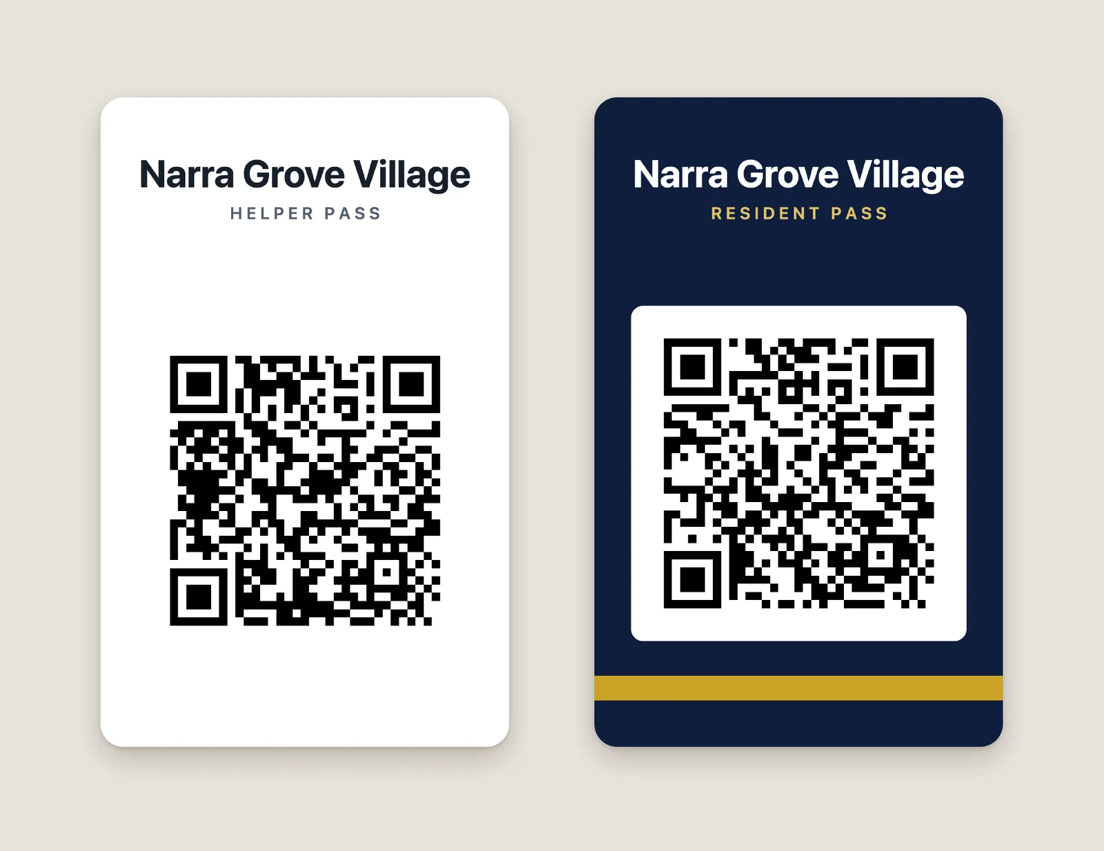 Printed passes in bank-card size: a white Helper pass and a navy-and-gold Resident pass, each with the village name and a QR code, no name and no photo.
