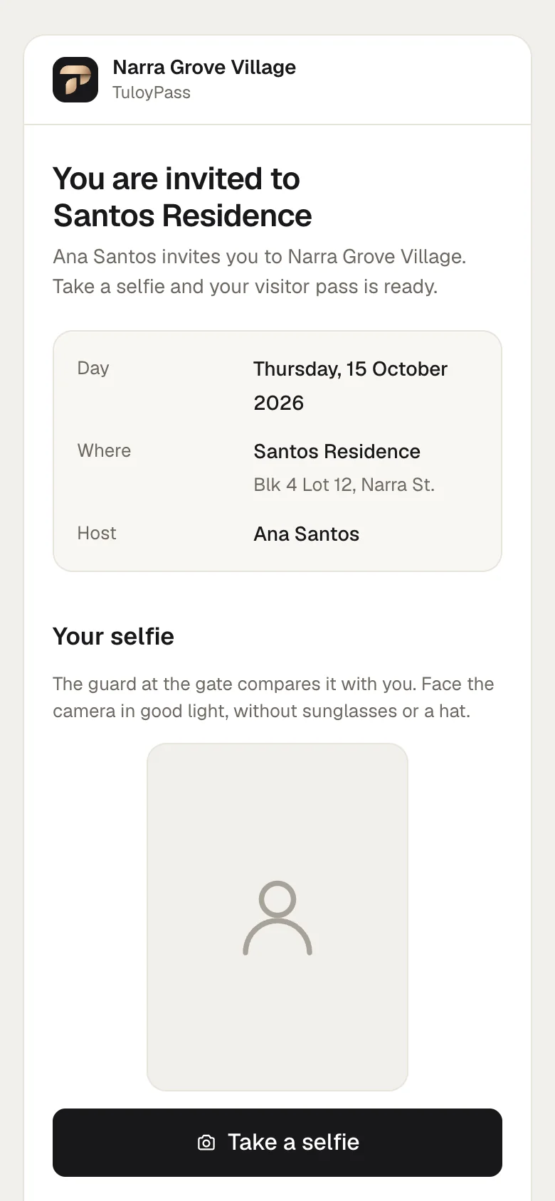 The visitor’s invitation page: the day, the household and the host, and a Take a selfie button.